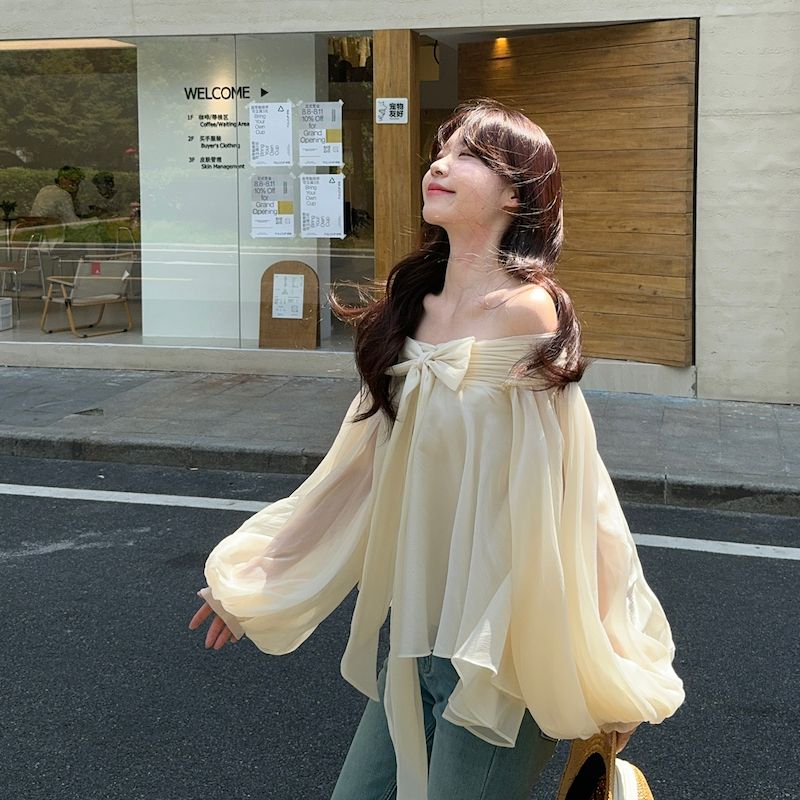 Off Shoulder Top - Französischer Stil Schulterfreies Puffärmel-Shirt für Damen
