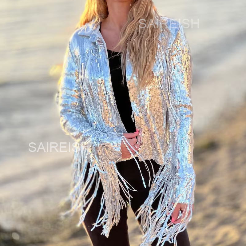 Women'S Fashion Bomber Jacket - Harajuku Unisex Pailletten Fransen Dance Performance