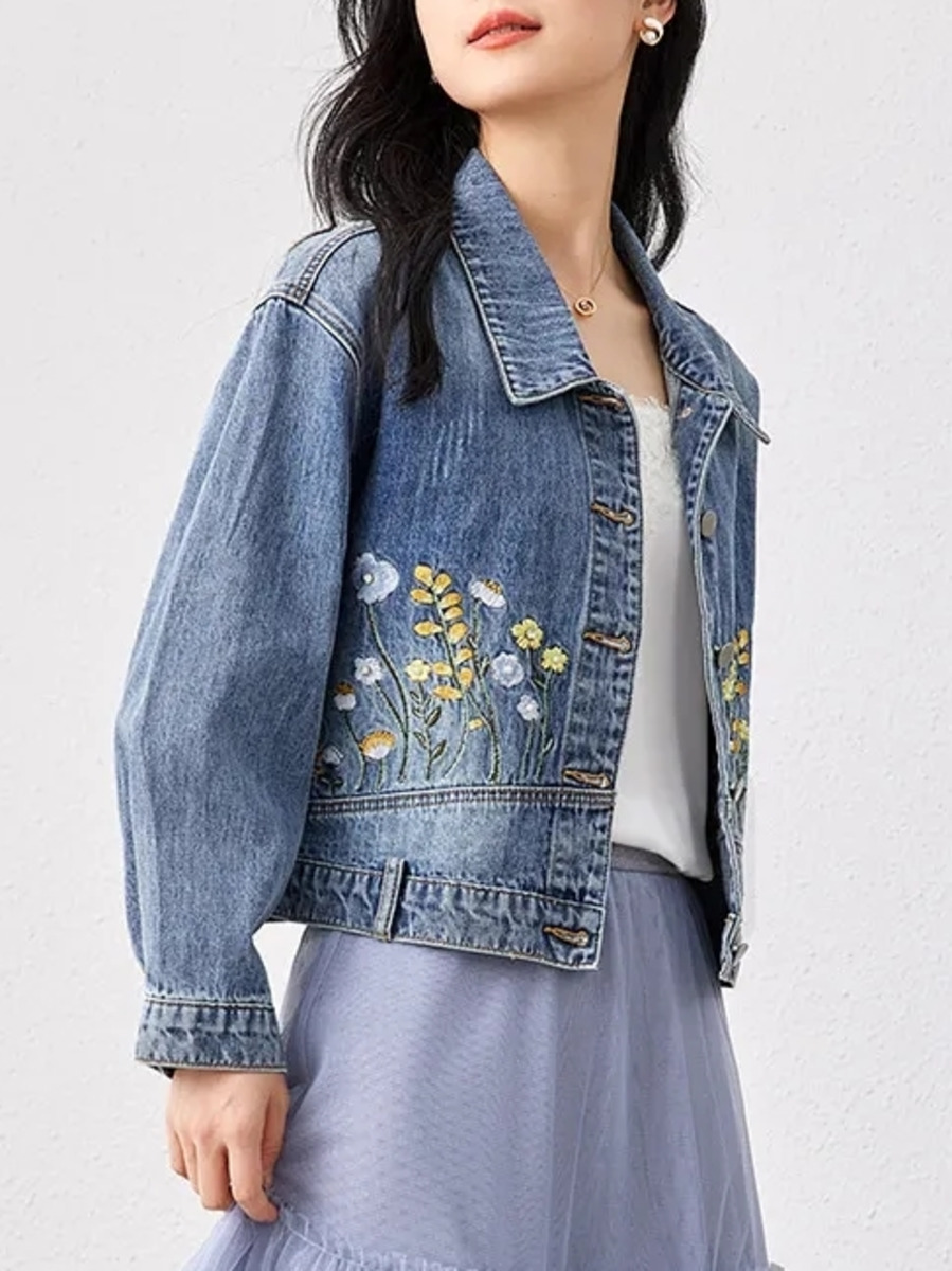 Women Fashion Jeans Top - Blumen bestickte Jeans kurze Jacke Frauen