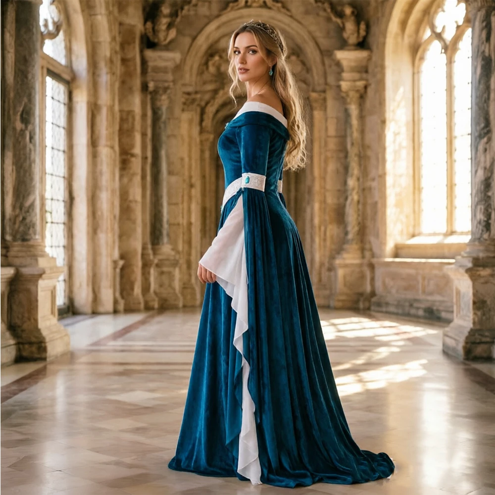 Off Shoulder Top - Mittelalterliches Renaissance-Elfenkleid, schulterfrei, aus türkisfarbenem Samt