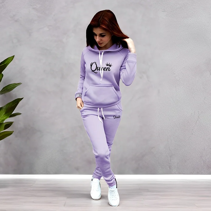 Women'S Fashion Sweatshirts - Damen-Trainingsanzug mit Queen-Schriftzug-Druck, Kapuzenpullover-Set, Hochwertige Jogging-Outfits,