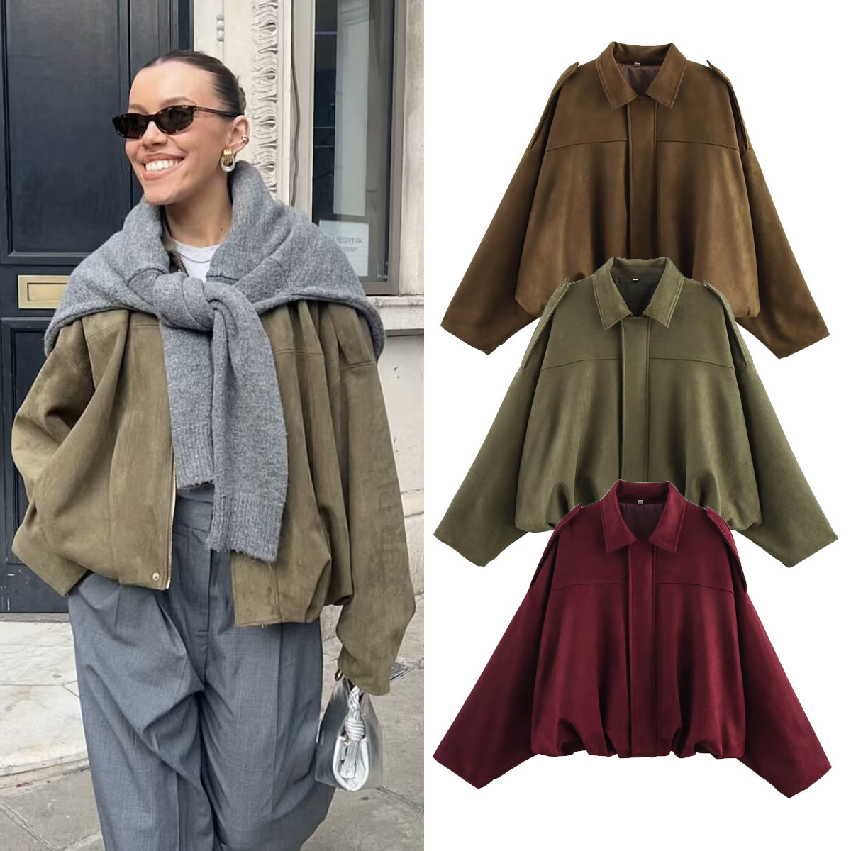 Women'S Fashion Bomber Jacket - Damen Bomberjacken Wildleder-Optik Mäntel Modischer Umlegekragen
