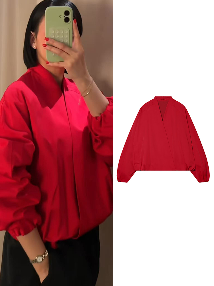 Women'S Fashion Bomber Jacket - TFMLN Modische Rote Kurze Bomberjacke für