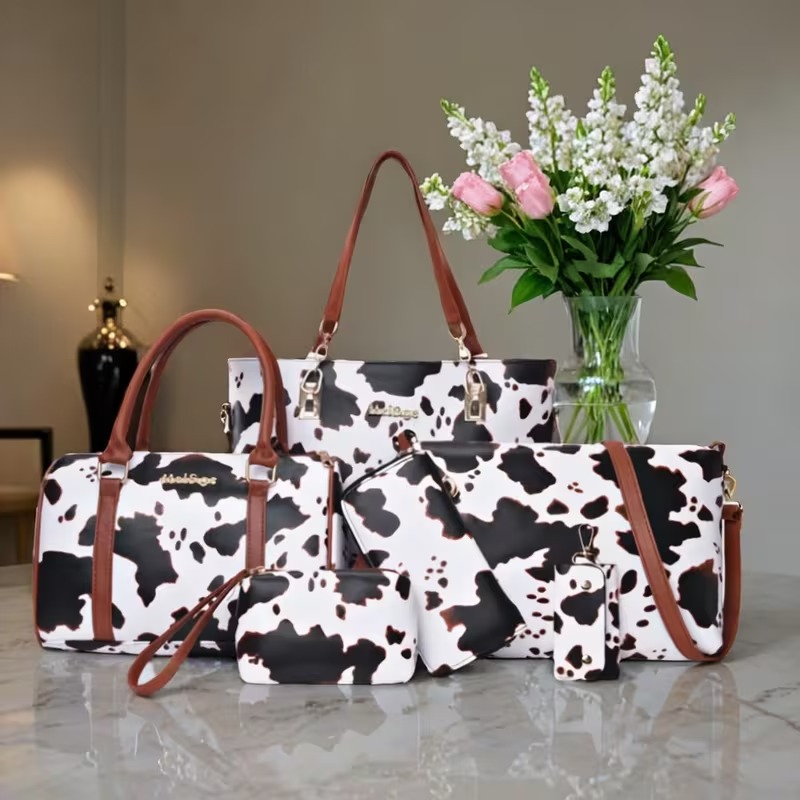 Women Fashion Handbags - 6-teiliges PU-Mode-Set mit Kuhfellmuster, bestehend aus