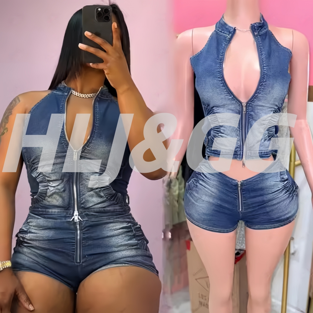 Women Fashion Jeans Top - HLJ&GG Blau Mode Denim Neckholder Zweiteilige