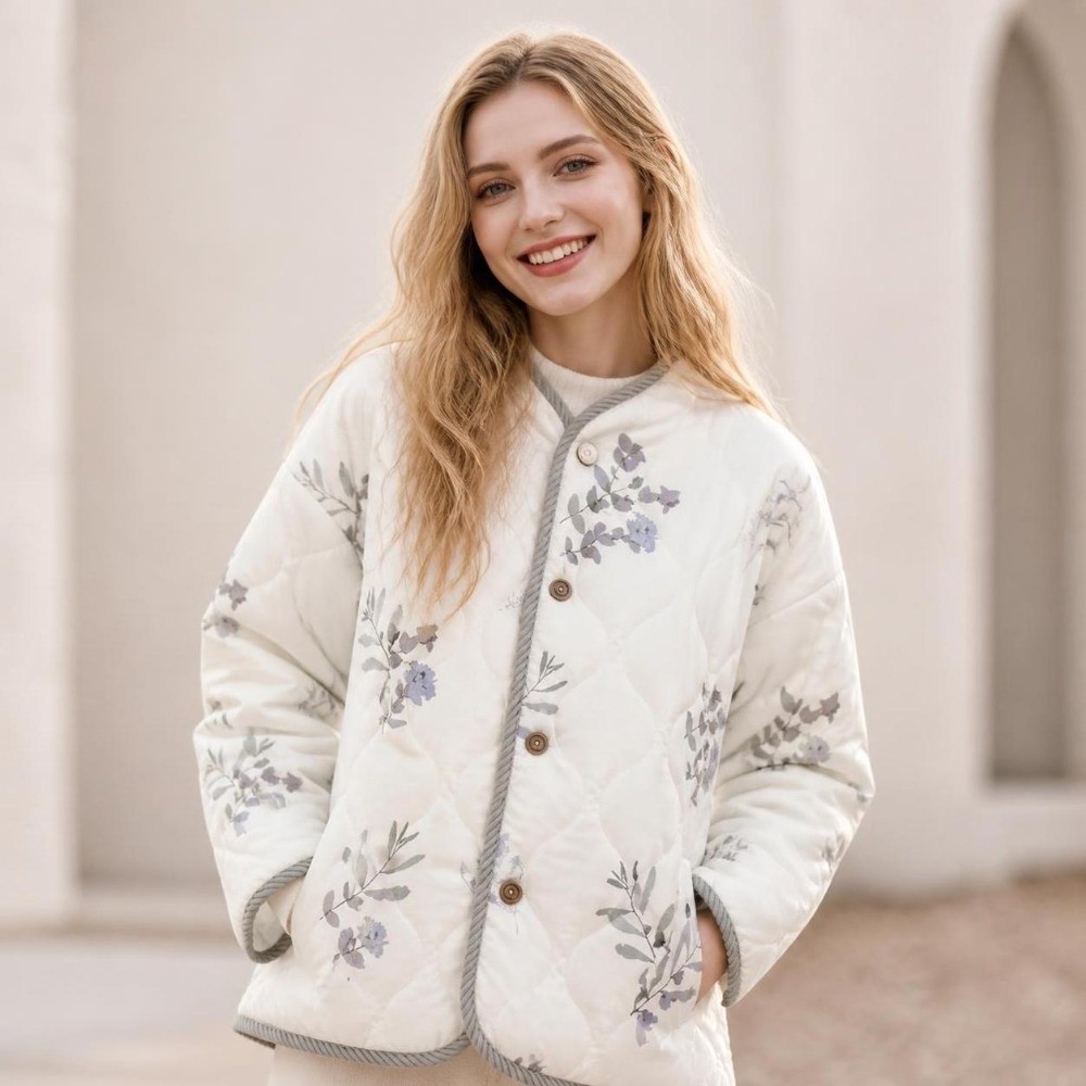 Women'S Fashion Bomber Jacket - Modischer Y2K Damenmantel, koreanischer Blumen-Wintermantel, ästhetische