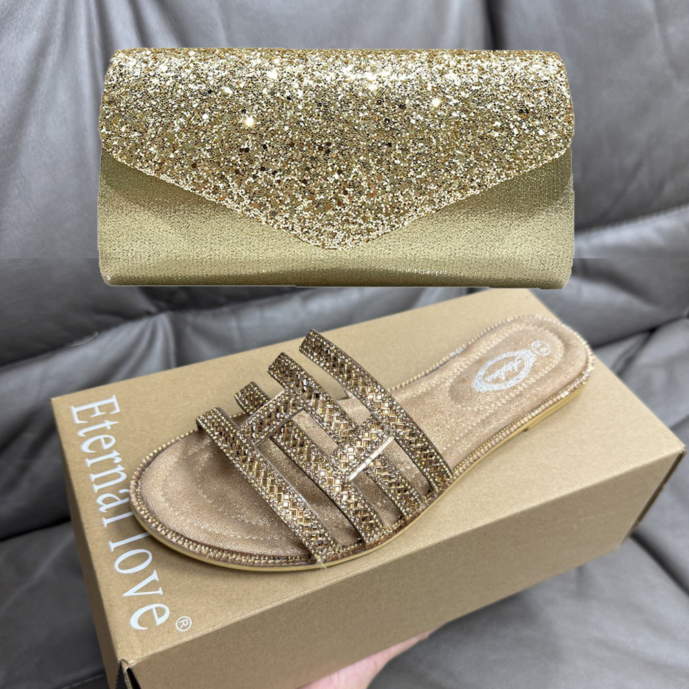 Women Fashion Handbags - Sommerliche neue bronzefarbene Strass-Slipper in Übergröße,