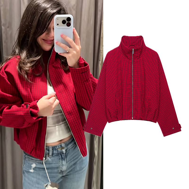Women'S Fashion Bomber Jacket - Herbstmode Karierte Bomberjacke Damenjacke Kurze Oversize-Jacke