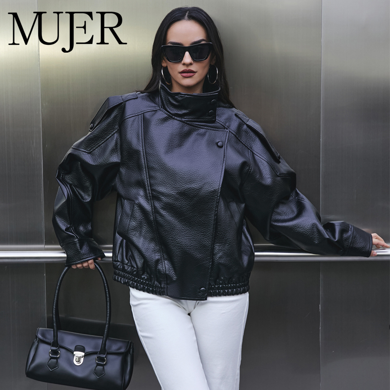 Women'S Fashion Bomber Jacket - MUJER Kunstleder Damenjacke Schwarz Oversize Bomberjacken